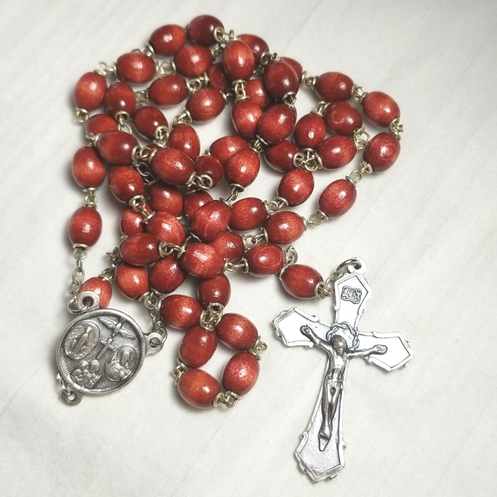 Chapel Sterling Silver Wood Bead Rosary Cross Crucifix